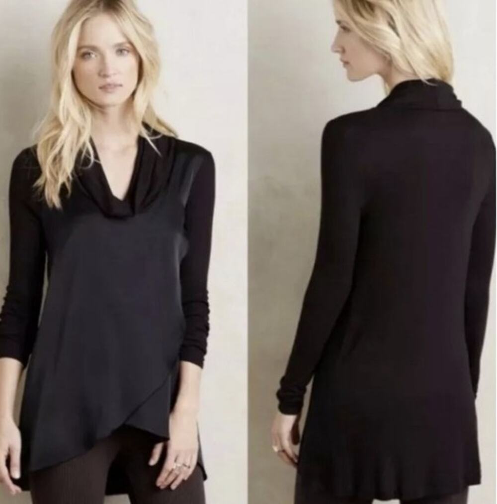 Deletta Anthropologie Black Small Cowl Neck Long Pullover Satin Front Sweater